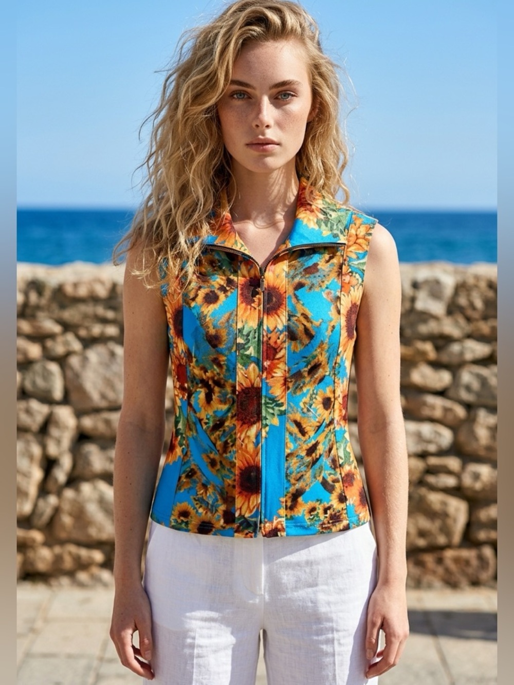 ALA VON AUERSPERG Sunflower Print Women's Top - Blue and Orange